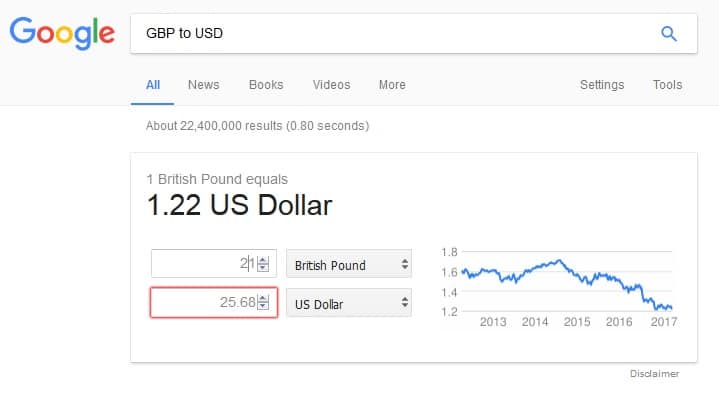 Google search convert currency