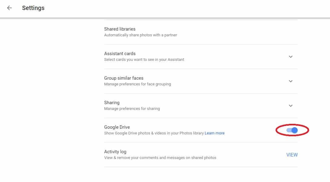 Google Photos in Google Drive setting