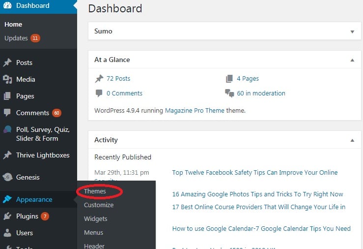 Wordpress dashboard add new themes